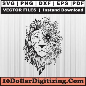 Boho-Lion-Svg,-Floral-Lion-Head-Png-Vector,-Half-Lion-Svg-Cut-File-For-Cricut-Silhouette-Printable-Files
