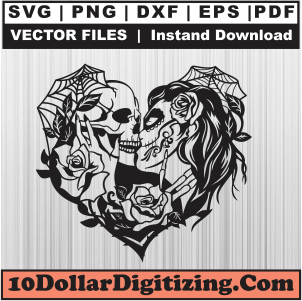 Skull-Kissing-With-Flower-Svg,-Kissing-Skull-Png-Vector,-Skull-Couple-Svg-Cut-File-For-Cricut-Silhouette-Printable-Files