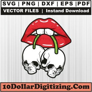 Lips-Dripping-Biting-Skull-Cherries-SVG,-Cherry-Skull-Png-Vector,-Lips-Svg-Cut-File-For-Cricut-Silhouette-Printable-Files