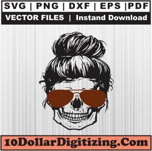 Messy-Bun-Skull-Svg,-Mom-Life-Skull-Png-Vector,-Skull-with-Sunglasses-Svg-Cut-File-For-Cricut-Silhouette-Printable-Files