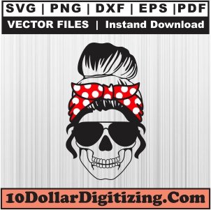 Messy-Bun-Skull-High-Resolution,-Skeleton-Mom-Png-Vector,-Mom-Skull-with-Sunglasses-Svg-Cut-File-For-Cricut-Silhouette-Printable-Files