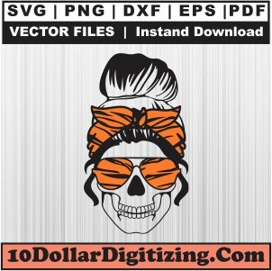 Messy-Bun-Skeleton-Png,-Skull-Mom-Life-Vector,-Bandana-Messy-Bun-Skull-Svg-Cut-File-For-Cricut-Silhouette-Printable-Files