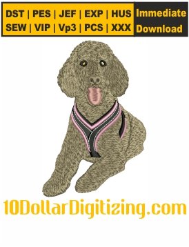 Poodle-Wearing-Pink-Harness-Embroidery-Design,-Poodle-Dog-Embroidery-Pattern,-Dog-Animal-Embroidery-File,-Dog-Breed-Embroidery-Files-Instant-Download-